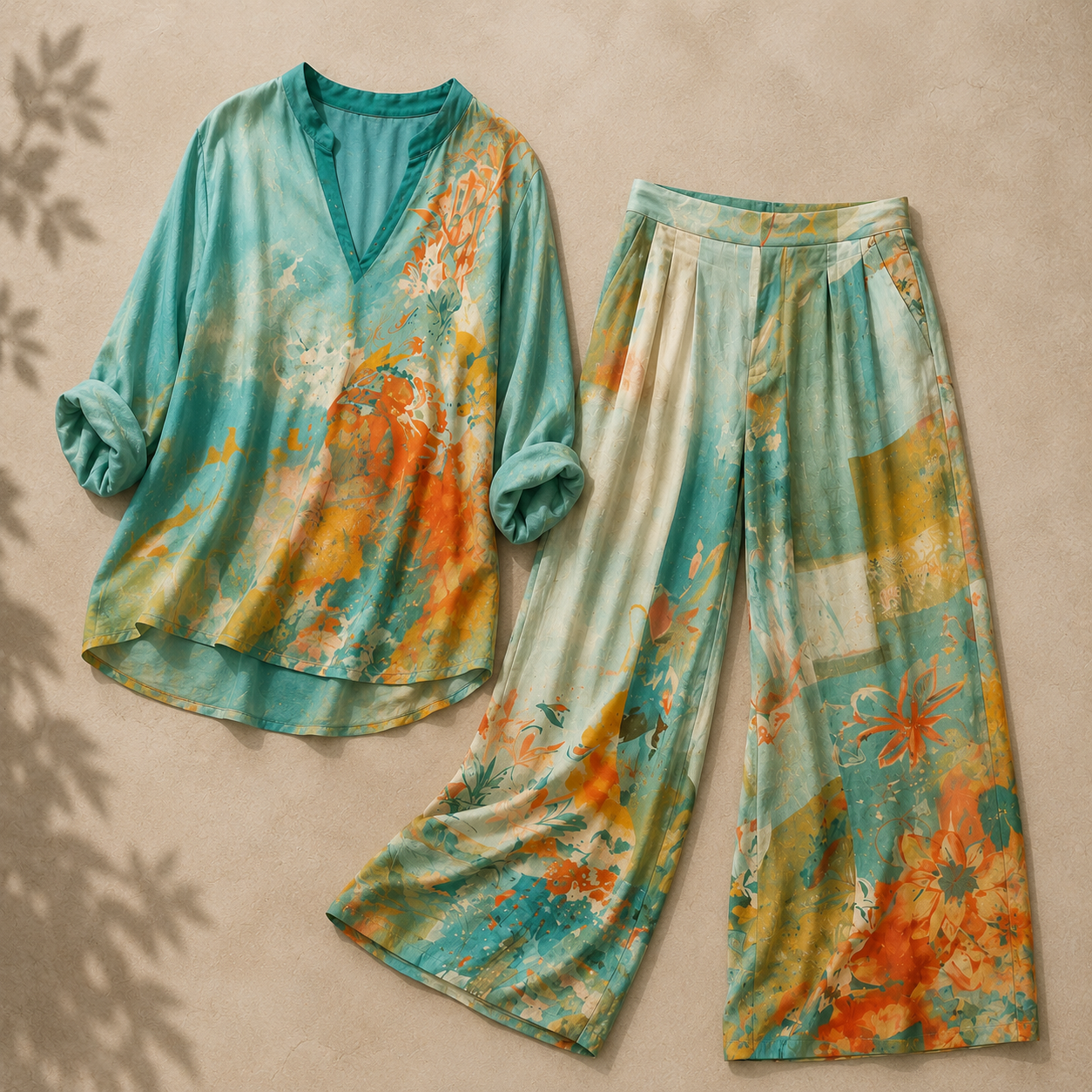 Ébliu | Elegant floral-print outfit with wide-leg pants