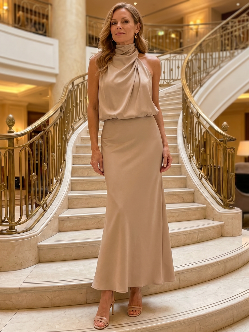 Caireann | Sleeveless Draped Neck Midi Dress