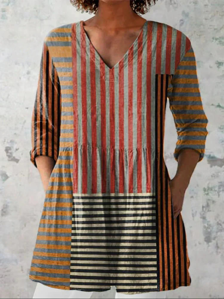 Sinéad | Stripe Patchwork V-Neck Shirt