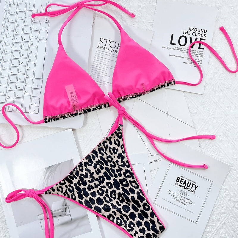 Leopard print two-piece backless swimsuit