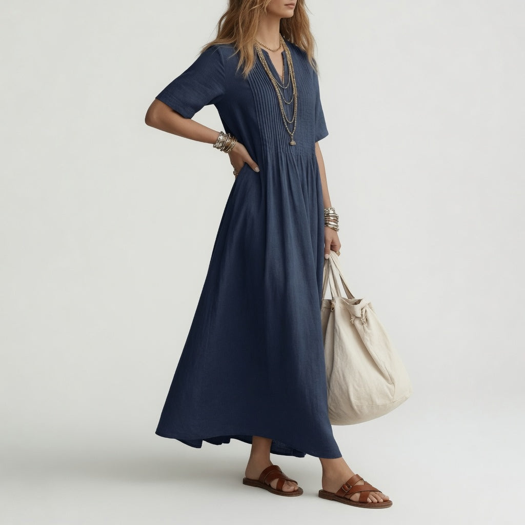 Méabh™ - Long V-Neck Cotton Dress with Summer Ease