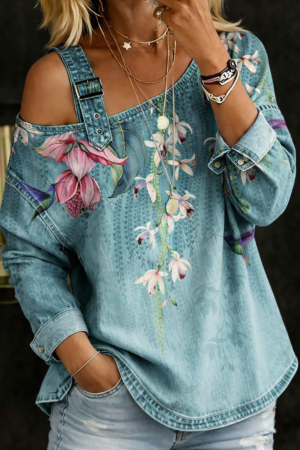 Haut en jean à épaules dénudées - Chemise décontractée pour femme