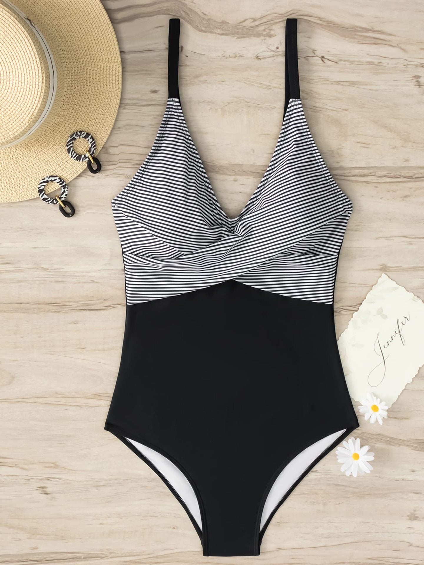 Striped or checked one-piece swimsuit