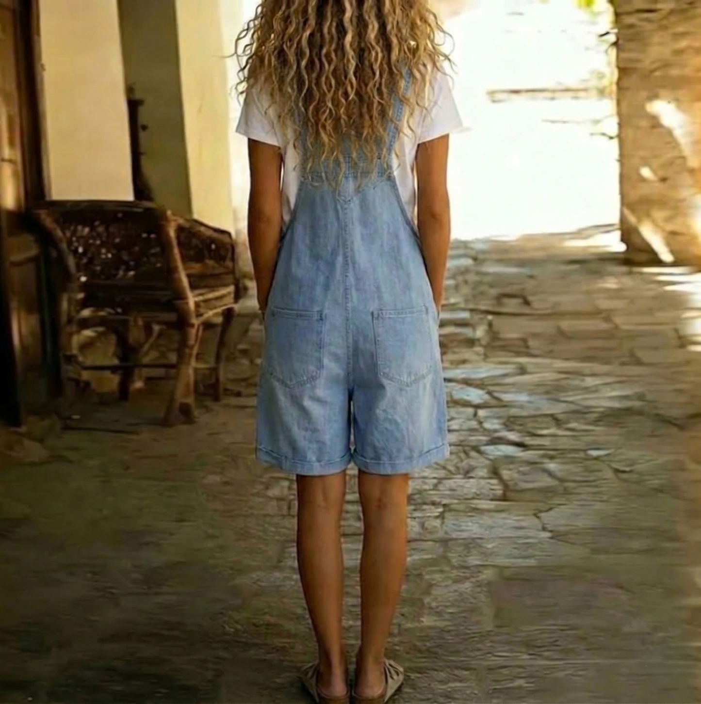 Salopette Courte en Jean Femme Vintage Délavée Bleu Ciel Coton