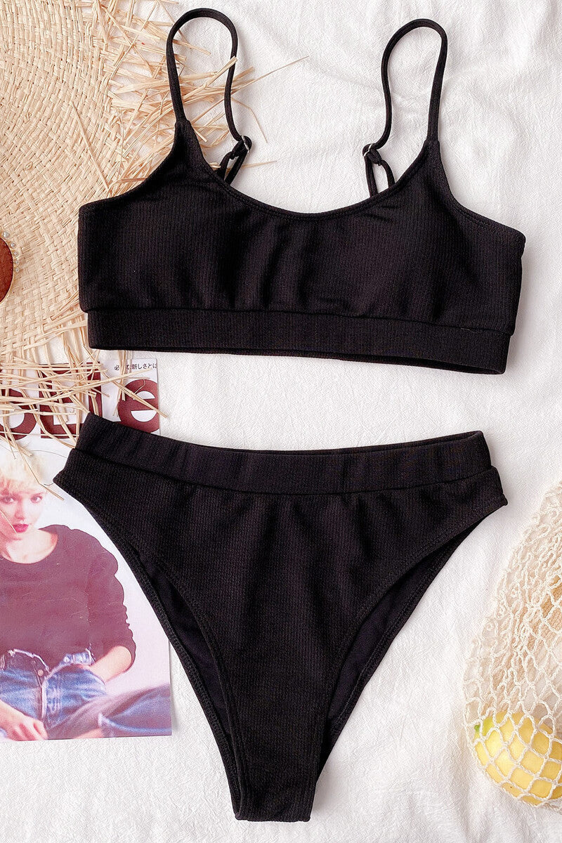 Ribbed Bikini with Bandeau Top and High-Waisted Bottom