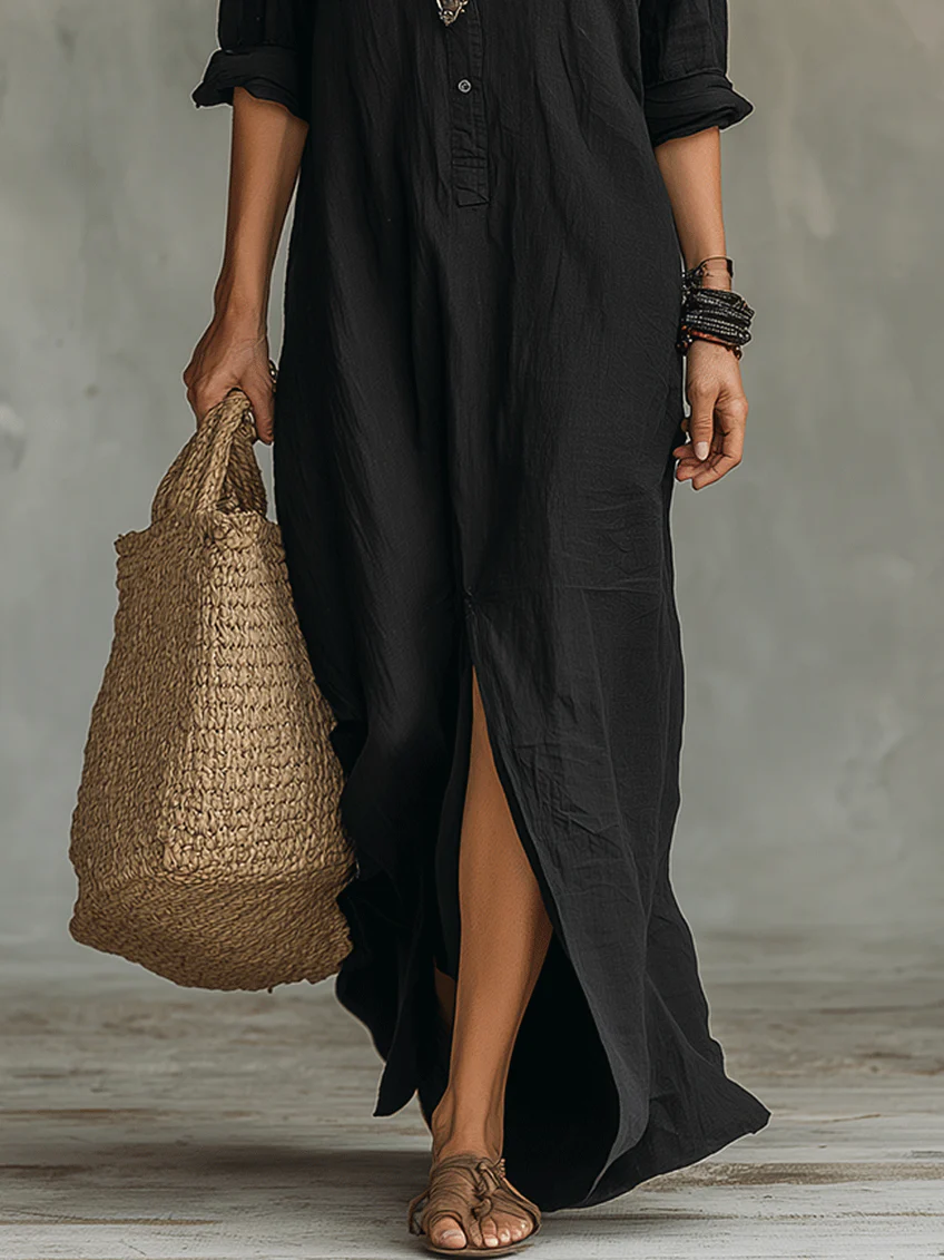 Saorla | Black loose-fitting maxi dress with buttons