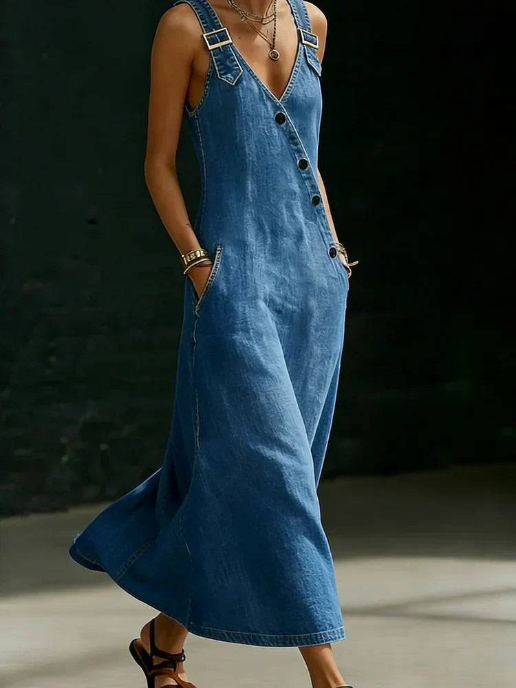 Robe longue en jean boutonnée pour femme