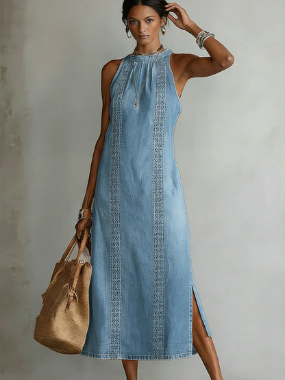 Robe en jean à détails en dentelle | Robe rétro boutonnée sur le devant