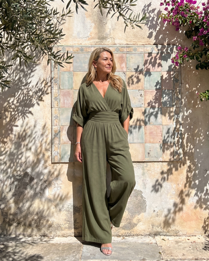 Sárlaith | Draped V-Neck Wide-Leg Jumpsuit