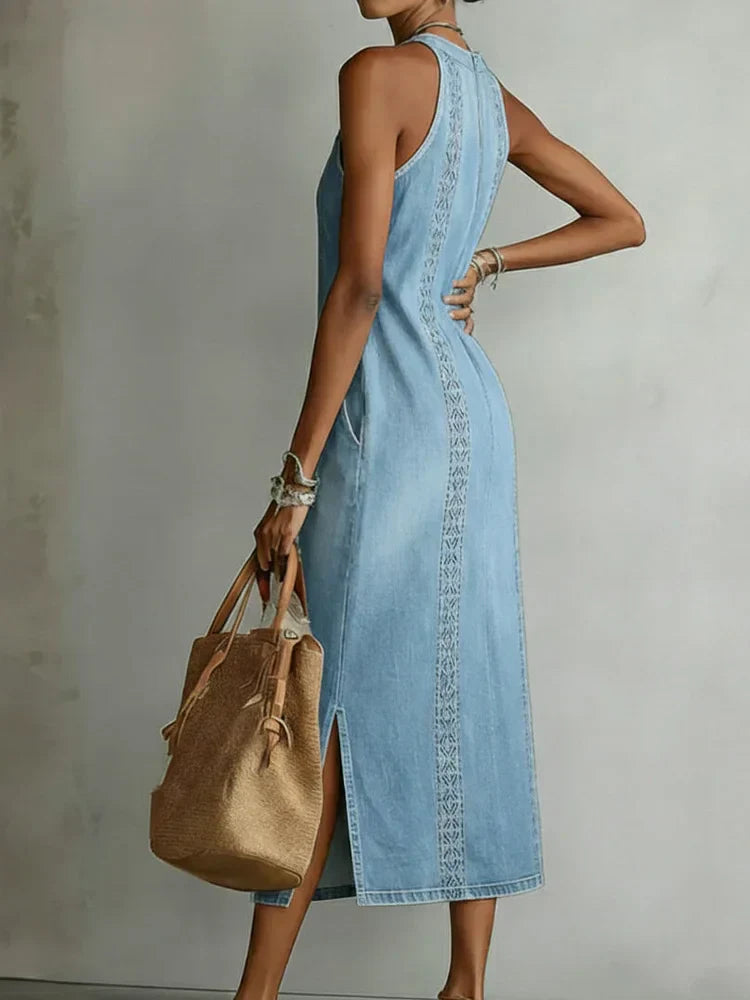 Robe en jean à détails en dentelle | Robe rétro boutonnée sur le devant