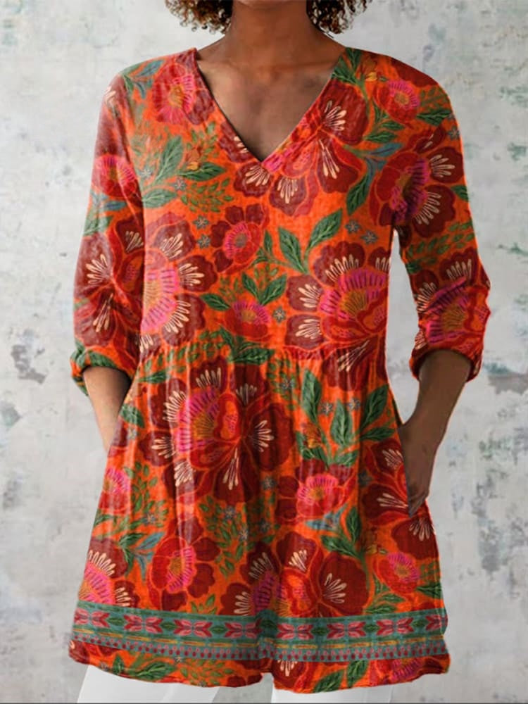 Muireann | Ethnic Summer Floral V-Neck Shirt