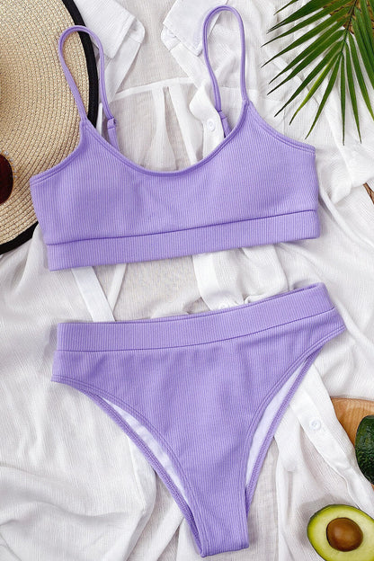 Ribbed Bikini with Bandeau Top and High-Waisted Bottom