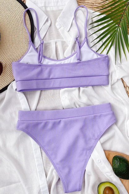 Ribbed Bikini with Bandeau Top and High-Waisted Bottom
