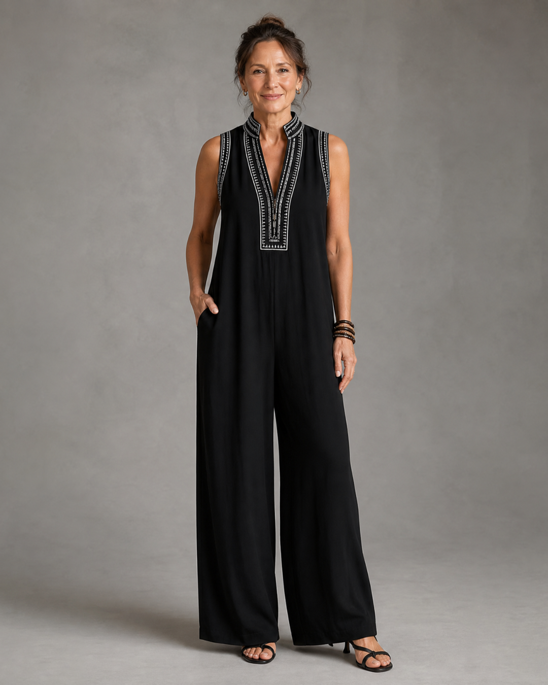 Fionnsech | Embroidered V-Neck Wide-Leg Jumpsuit