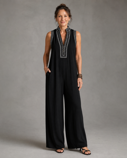 Fionnsech | Embroidered V-Neck Wide-Leg Jumpsuit
