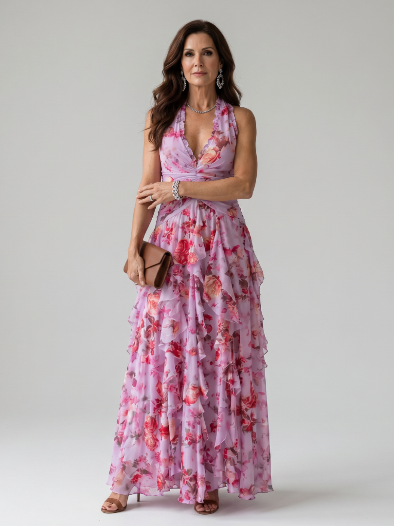 Rós | Halter Neck Ruched Bodice Floral Maxi Dress