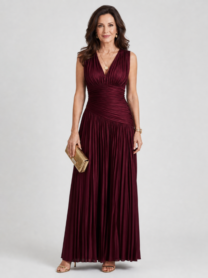 Blinne | Sleeveless Pleated V Neck Midi Dress