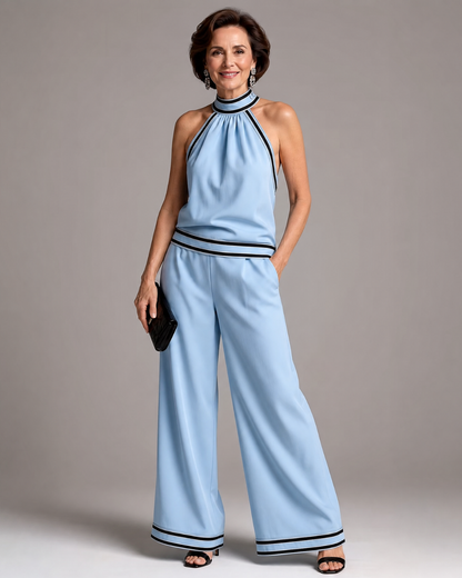 Aoibhlinn | Contrast-Trim Halter Wide-Leg Jumpsuit