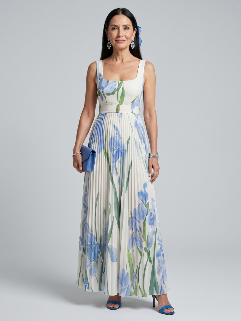 Odharnait | Sleeveless Square Neck Floral Print Midi Dress