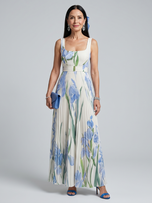 Odharnait | Sleeveless Square Neck Floral Print Midi Dress