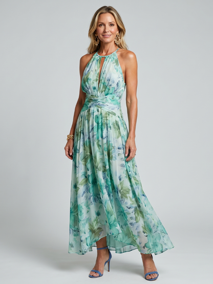 Banba | Pleated Halter Soft Floral Pattern Midi Dress