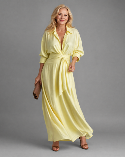 Treise | Belted Collared Long-Sleeve Midi Dress