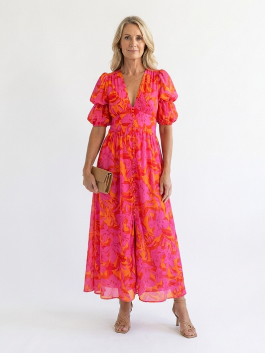 Sadhbh | Floral Puff-Sleeve Midi Dress