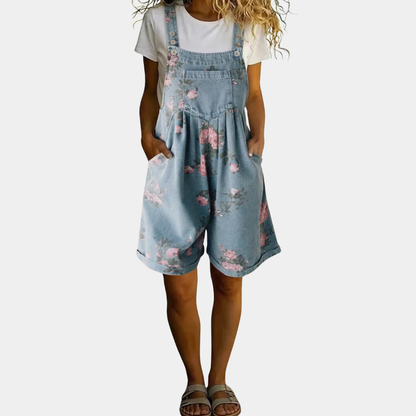 Combinaison en jean pour femme | Salopette en coton à imprimé floral délavé vintage