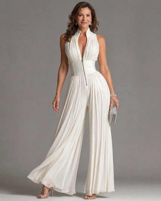 Donla | Pleated Halter Wide-Leg Jumpsuit