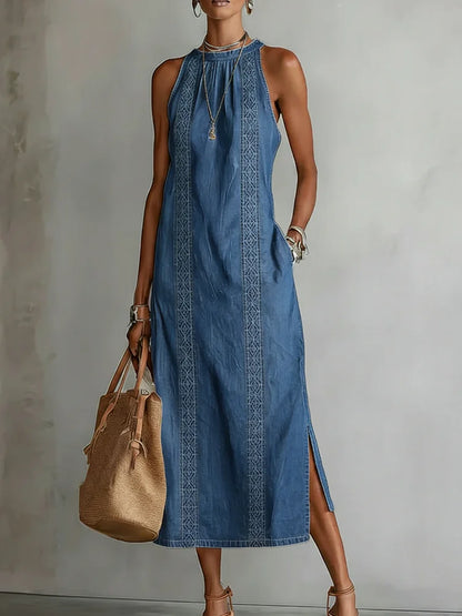 Robe en jean à détails en dentelle | Robe rétro boutonnée sur le devant