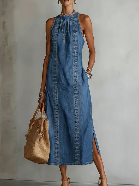 Robe en jean à détails en dentelle | Robe rétro boutonnée sur le devant