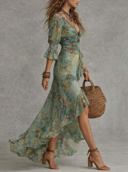 Becfola | Boho Floral Maxi Dress with Asymmetric Hem