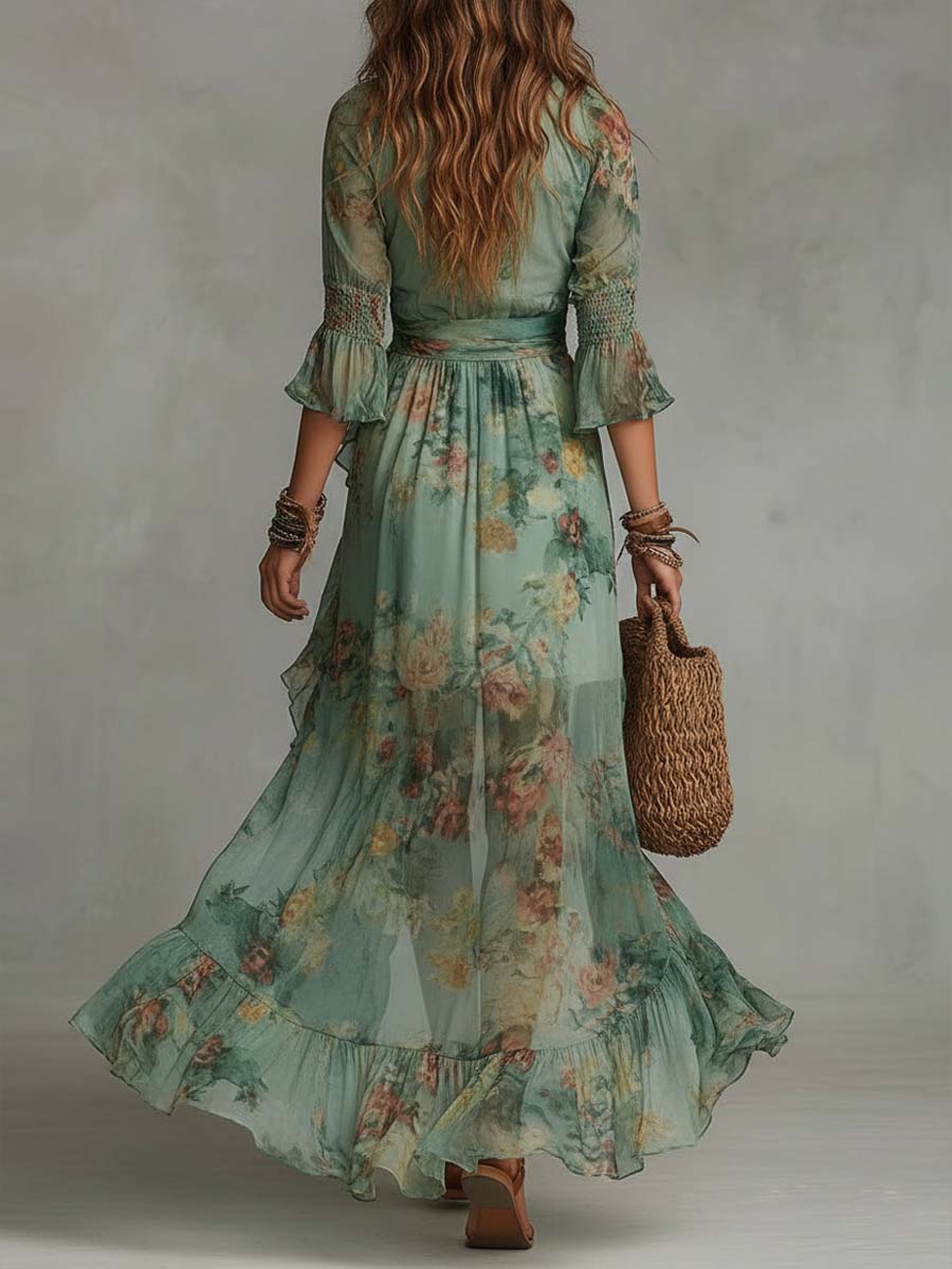 Becfola | Boho Floral Maxi Dress with Asymmetric Hem