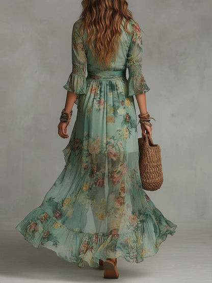 Becfola | Boho Floral Maxi Dress with Asymmetric Hem