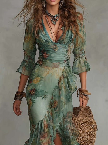 Becfola | Boho Floral Maxi Dress with Asymmetric Hem