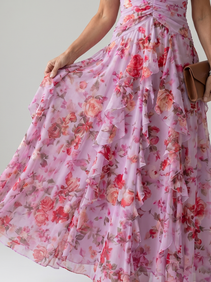 Rós | Halter Neck Ruched Bodice Floral Maxi Dress