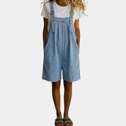 Salopette Courte en Jean Femme Vintage Délavée Bleu Ciel Coton