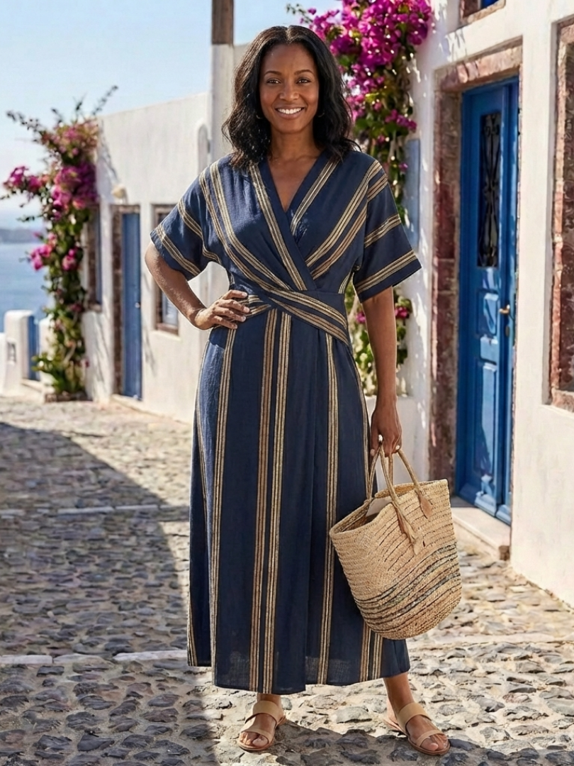 Éabha | V Neck Short Sleeve Striped Wrap Midi Dress
