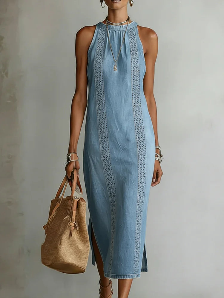 Robe en jean à détails en dentelle | Robe rétro boutonnée sur le devant