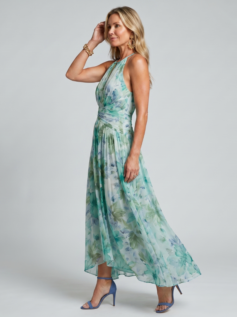 Banba | Pleated Halter Soft Floral Pattern Midi Dress
