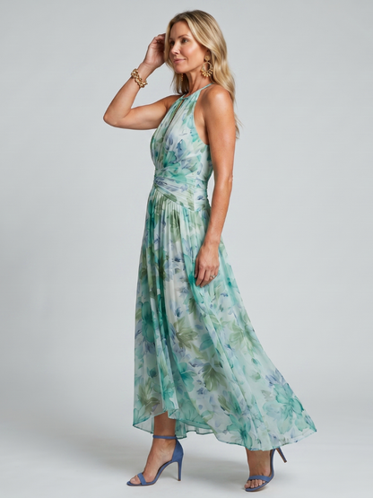 Banba | Pleated Halter Soft Floral Pattern Midi Dress