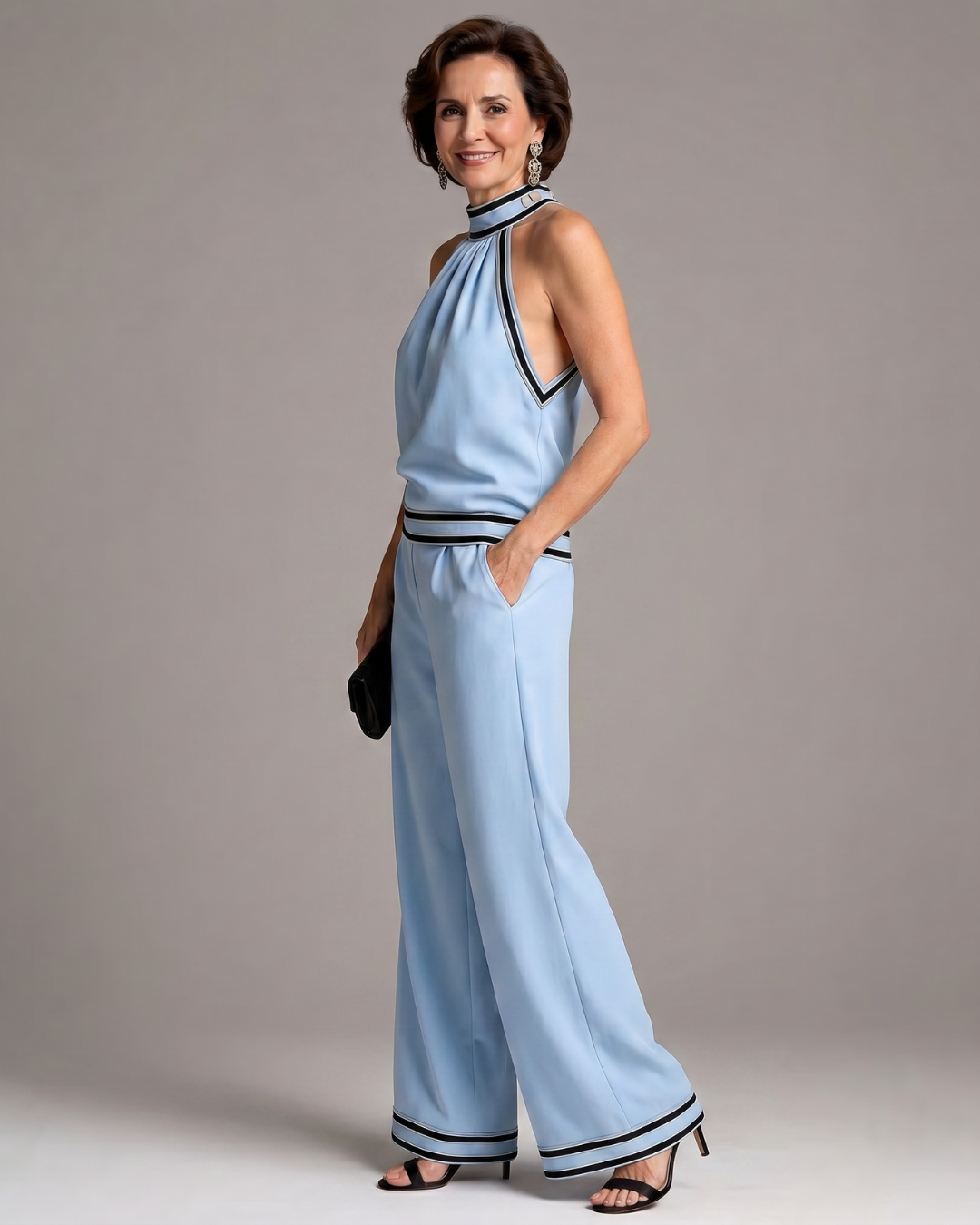 Aoibhlinn | Contrast-Trim Halter Wide-Leg Jumpsuit