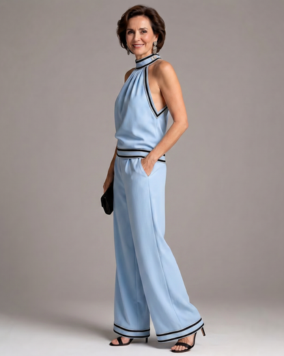 Aoibhlinn | Contrast-Trim Halter Wide-Leg Jumpsuit