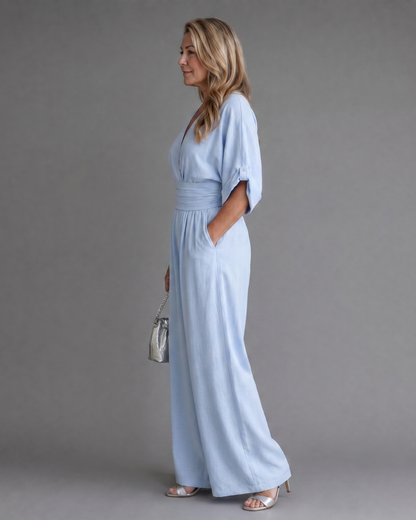 Sárlaith | Draped V-Neck Wide-Leg Jumpsuit