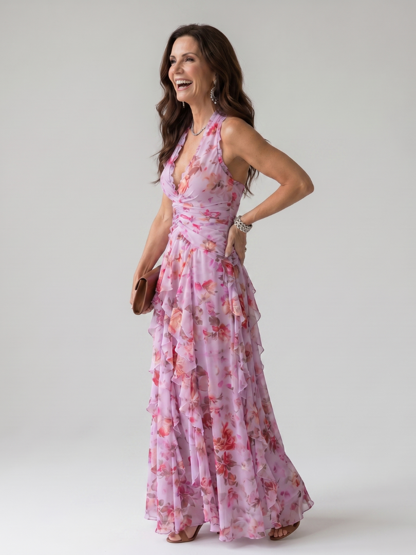 Rós | Halter Neck Ruched Bodice Floral Maxi Dress