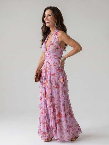 Rós | Halter Neck Ruched Bodice Floral Maxi Dress