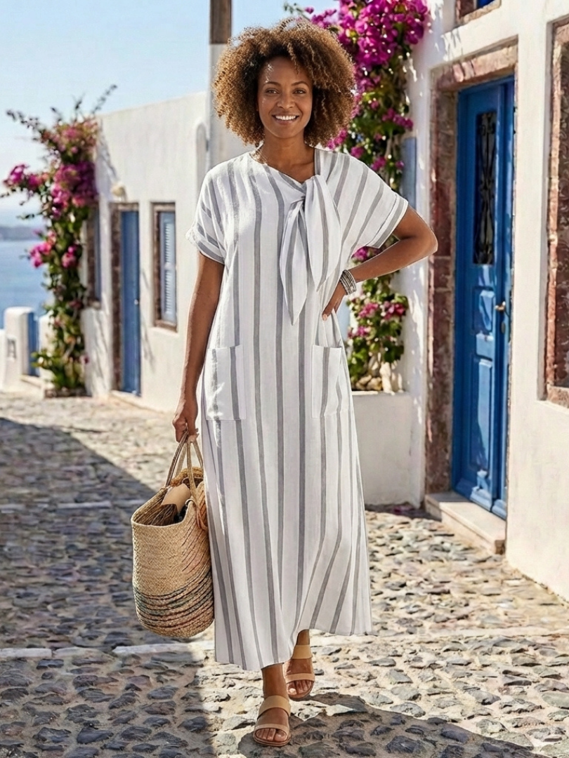 Ciara | Short Sleeve Striped Tie Neck Pocket Midi Dress