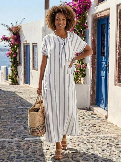 Ciara | Short Sleeve Striped Tie Neck Pocket Midi Dress