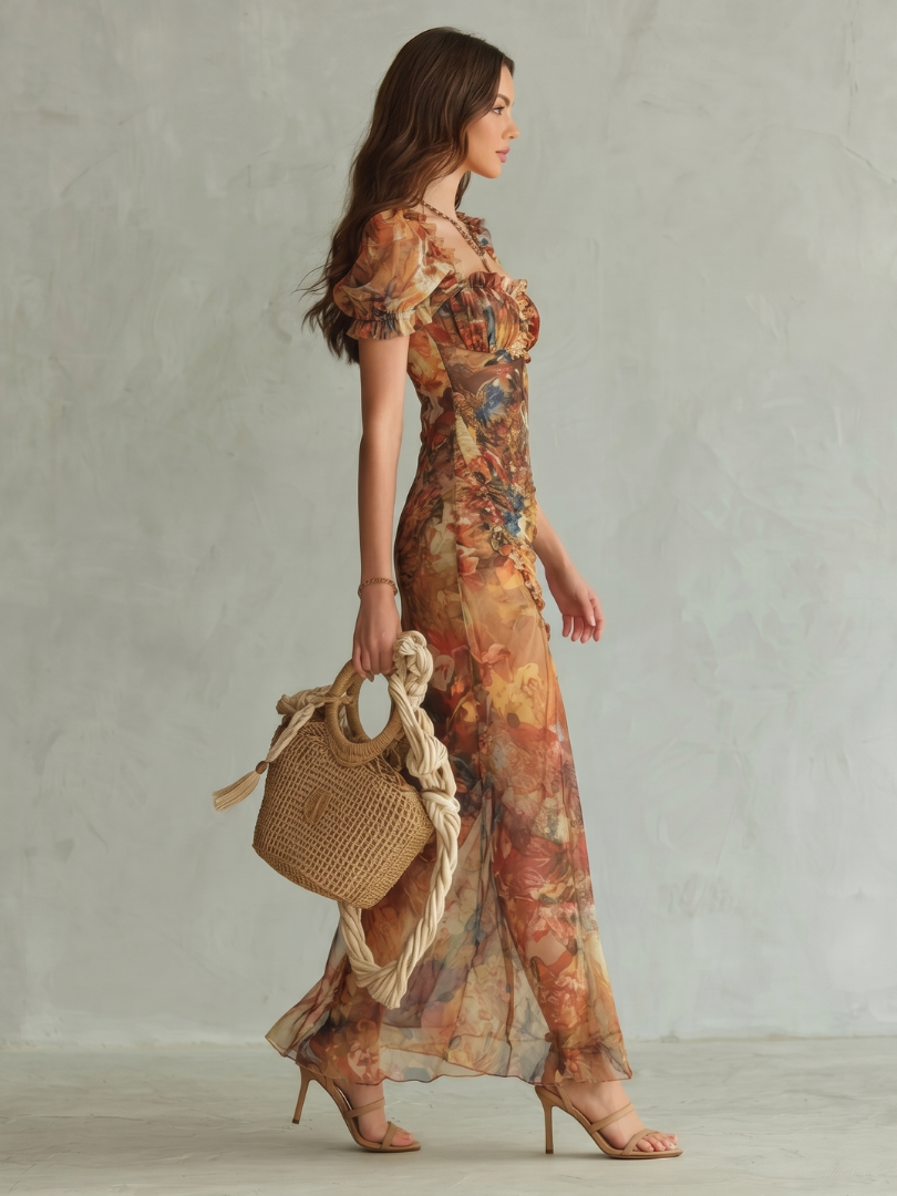Sárnait | Ruffled Sleeve Ruched Slit Midi Dress