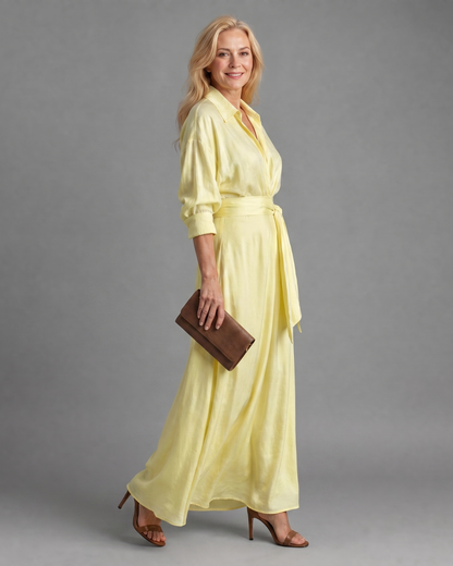 Treise | Belted Collared Long-Sleeve Midi Dress